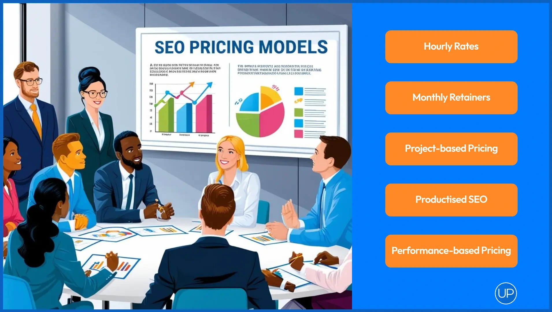 Business people discussing SEO pricing models in the UK.