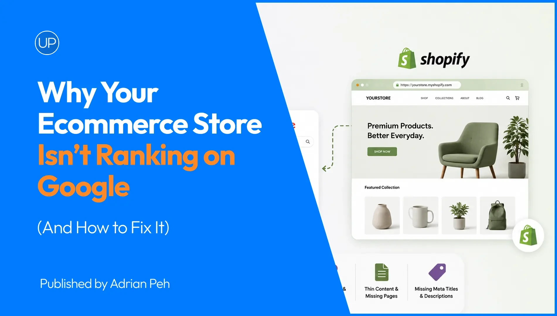 Image showing a shopify store and a thumbnail of the article in blue colour